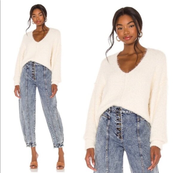 Free People Icing V-neck Ivory Pullover Sweater NWT Size XL - Picture 8 of 16